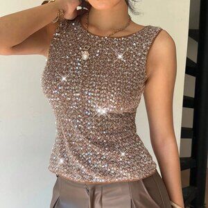 Brown Casual Women's Sequin Fitted Sleeveless Tank Top